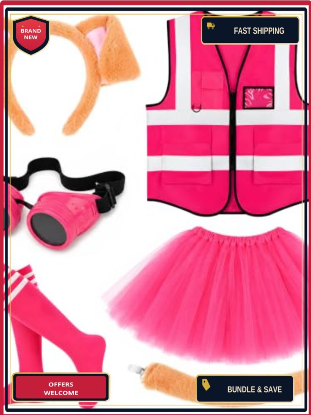 6 Pc Halloween Animal Costume Set Plush Ears Headband Tail Vest Tutu Skirt